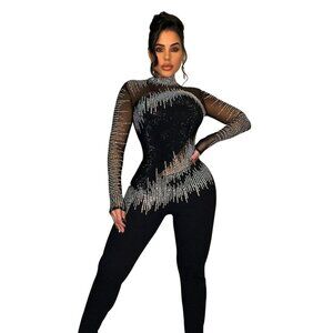 Mock Neck Fringe Rhinestone Jumpsuit – Sparkly Sheer Mesh Performance Catsuit